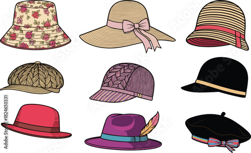 Collection of fashionable women’s hats including floral bucket, sun hat, cloche, woven cap, fedora, beret and stylish headwear accessories