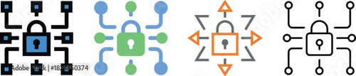 Detailed vector illustrations of colorful circuit board lock icons showcasing digital security concepts on transparent background