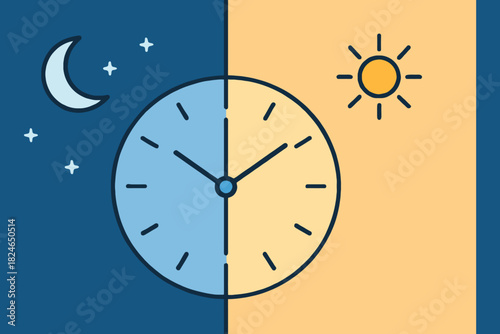 Clock divided showing day and night with sun and moon symbols