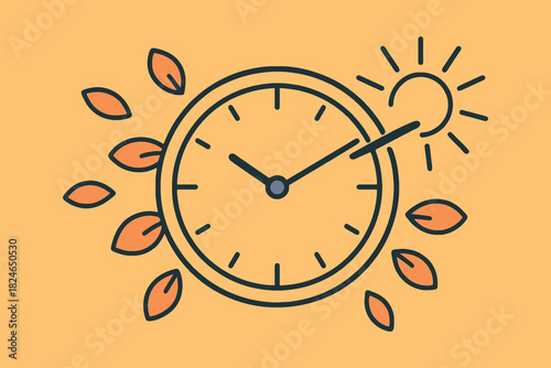 Autumn clock with sun and falling leaves illustration