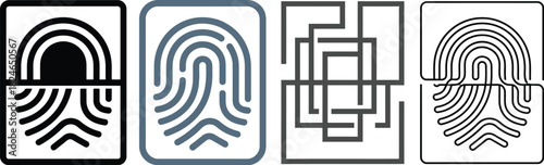 Four distinct fingerprint icons in square frames showcasing varying styles on transparent background