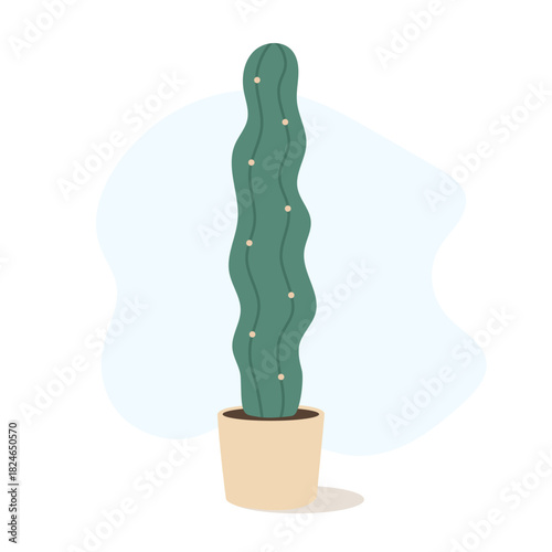 Soft vector style showing tall cactus in neutral pot, cactus adding trendy botanical vibe for modern interiors, wavy elegant shape creating calm aesthetic and boosting appeal for stylish home decor