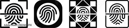 Four distinct black fingerprint icons with varying designs and framing ideal for security applications on transparent background