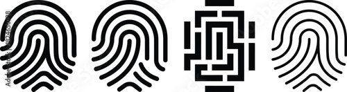 Four distinct black fingerprint icons showcasing varying patterns and styles on transparent background