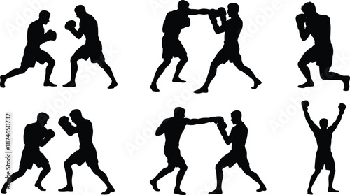 Set of boxing silhouettes, fighters sparring and punching, black vector sport men, champion winning pose, isolated on white background