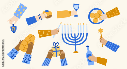 Hanukkah modern vector illustrations set. Jewish holidays people hands clipart. Menorah, candles, latkes, challah, dreidel, donut, sufganiot, vine