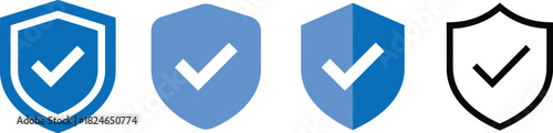 Four variations of blue shield icons with checkmarks ranging in style and detail on transparent background