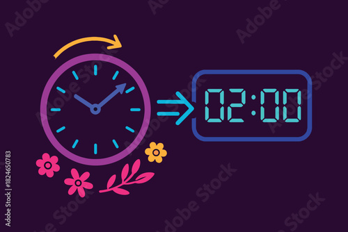 Clock face with arrow pointing to digital time display showing two oclock