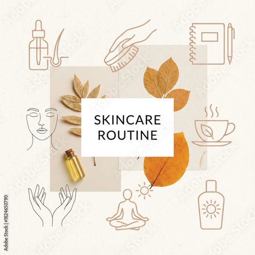 Elegant minimal skincare routine collage with leaves, icons and soft neutral tones. Clean beauty aesthetic perfect for wellness and self-care themes. Vector illustration