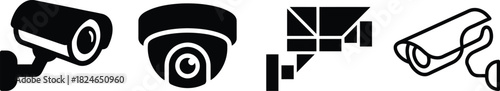 Four different styles of security cameras depicted in a flat black silhouette design on transparent background
