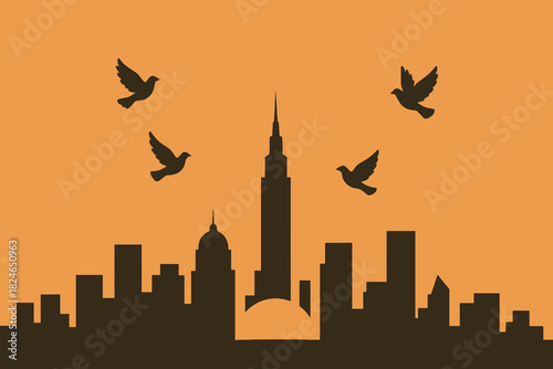 Silhouette of a city skyline with birds flying in the sky