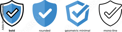 Four blue shield icons with checkmarks in varying styles presented digitally on transparent background