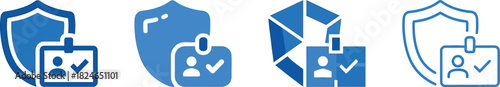 Four blue security and identification icons depicting badges locks and protection on transparent background