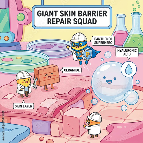 Funny dermatology cartoon with ceramide, panthenol and hyaluronic acid characters repairing the skin barrier. Playful educational skincare art Vector illustration
