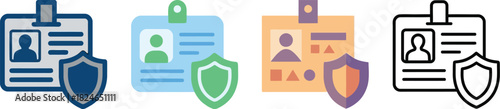 Four colorful id card icons with security shields representing authentication and verification on transparent background