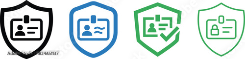 Four colored security identity icons with a shield and person silhouette on transparent background
