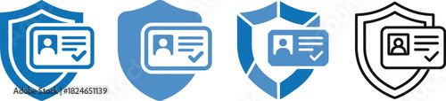 Four variations of a blue identification badge inside a shield icon displayed in ascending complexity on transparent background