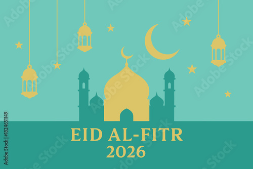 Festive eid al fitr celebration with mosque and crescent moon