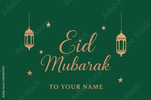 Elegant eid mubarak greeting with lanterns and stars on green background
