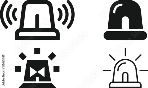 Four black siren icons depicting emergency warning signals and alerts on transparent background