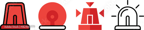 Four variations of a red emergency vehicle siren icon set in color and outline on transparent background