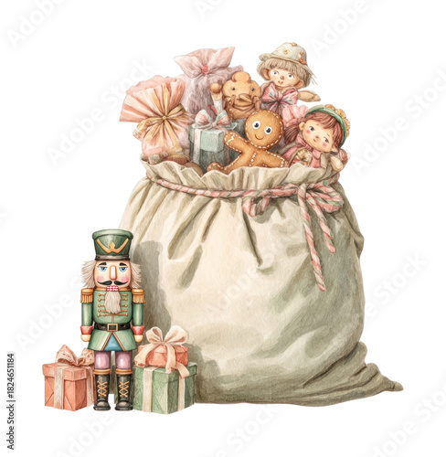 christmas sack of toys and nutcracker clip art preview