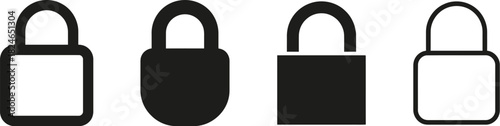 Four distinct black padlock icons are displayed in a row offering versatile security symbols on transparent background