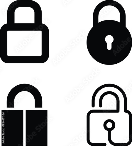 Four distinct black padlock icons with varying designs and shapes on transparent background
