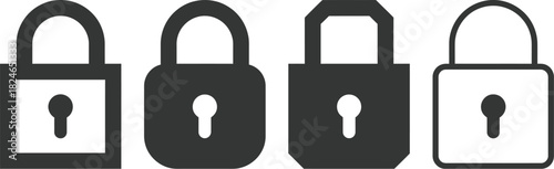 A collection of four distinct black padlock icons displayed in a row on transparent background
