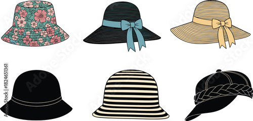 Collection of stylish women’s hats including floral bucket hat, wide brim sun hats, striped designs and fashionable summer headwear illustration