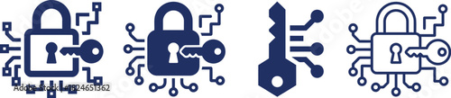 Four detailed cybersecurity icons representing locks and keys with circuit board details on transparent background
