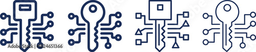 Four blue circuit key icons in various styles representing digital security on transparent background