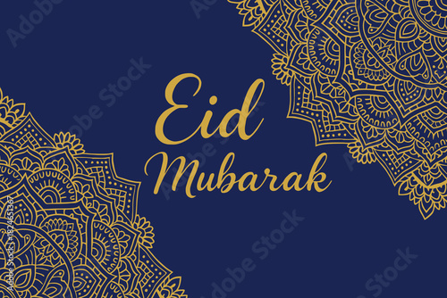Elegant eid mubarak greeting with golden islamic patterns on blue background
