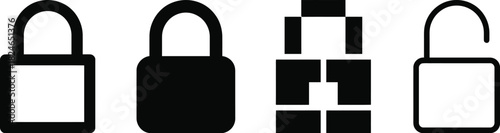 Four distinct black lock icons presented in varying styles and designs on transparent background