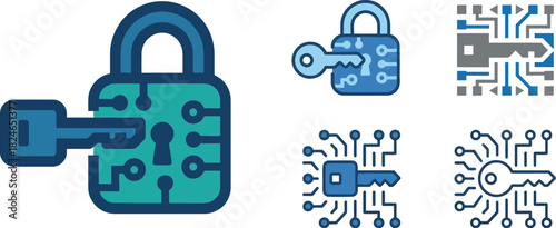 digital security icons featuring a padlock key and circuit board designs on transparent background