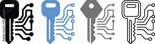 Four variations of a digital key icon with integrated circuitry presented in different styles on transparent background