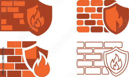 Four colorful illustrations of brick walls with shield and flame icons on transparent background