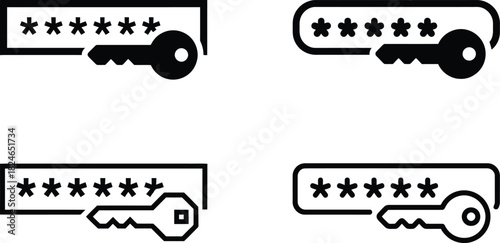 Four variations of a key and password icon set representing security and access on transparent background