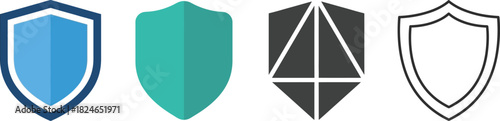 Four distinct shield icons in varying styles and colors showcasing protection on transparent background