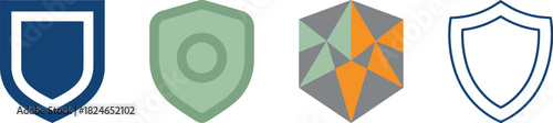 Four distinct shield icons with varying colors shapes and designs on transparent background