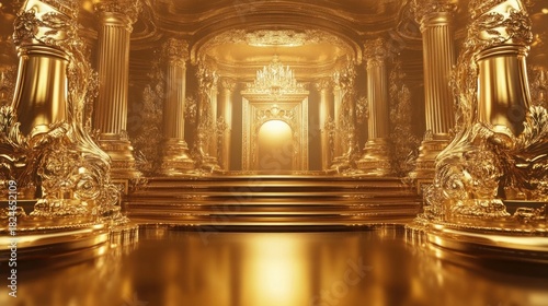 Majestic golden hallway with ornate pillars and a radiant light source