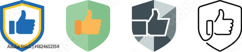 Four shield icons with thumbs up symbols in varying colors and styles on transparent background