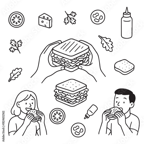 Vector illustration showing hands holding a sandwich with various ingredients around. Two people happily eating, surrounded by lettuce, cheese, and sauce elements expressing satisfaction.