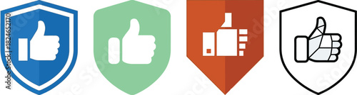 Four shield icons featuring thumbs up symbols in varying colors on transparent background