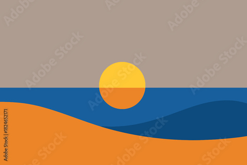 Minimalist sunset over ocean with sandy beach landscape