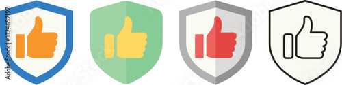 Four colorful shield icons with thumbs up symbols ranging in color and style on transparent background