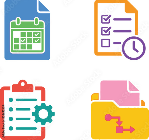 Four colorful flat icons representing documents calendar checklist and folder on transparent background