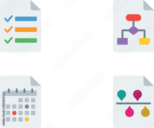 Four colorful document icons depicting checklists flowcharts calendars and data visualization on transparent background