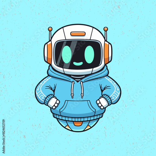 Friendly legless robot character in a hoodie, levitating in midair with adorable charm, illustrated in a clean and modern flat design style.