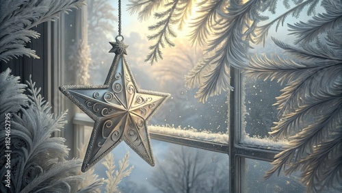 Silver christmas star ornament hanging in a window with frost patterns creating a magical winter holiday scene